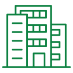 Green outline icon of a commercial office building representing energy management and building performance.