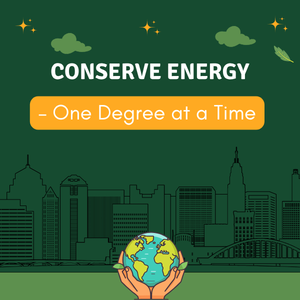 Hands holding Earth against a stylized green cityscape, with "Conserve Energy — One Degree at a Time" text.