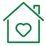 Green outline icon of a house with a heart symbol representing home energy efficiency and sustainable living.